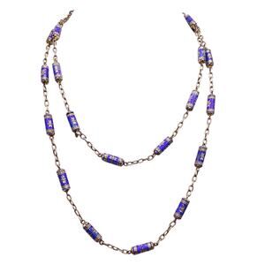 Antique Chinese Cloisonné Barrel Beads on Sterling Silver Chain o Gold Tone 28”